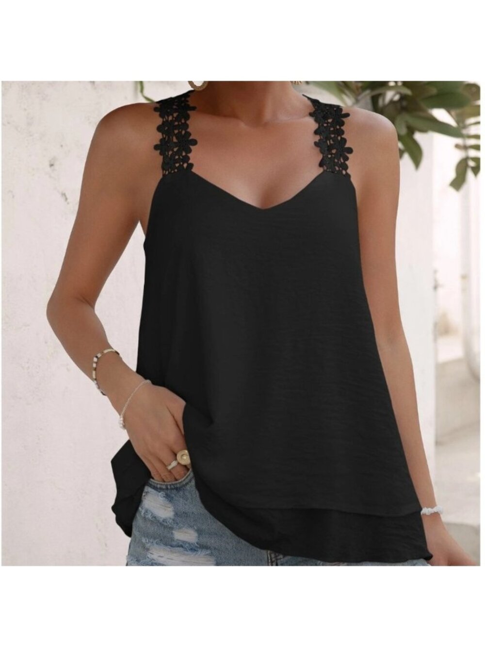 Guipure Lace Panel Cami Top Black